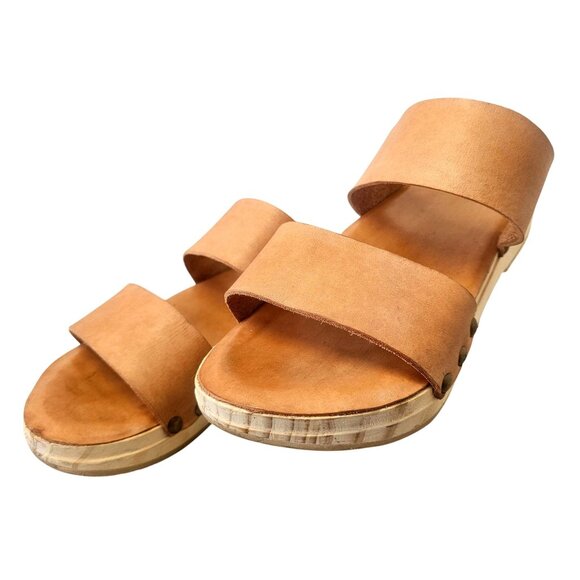Beek Wood Clog Leather Sandals Womens Size 7 Natural Tan Double Strap Slip On - Picture 4 of 15